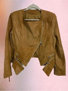 Cropped Tan Asymmetric Leather Jacket